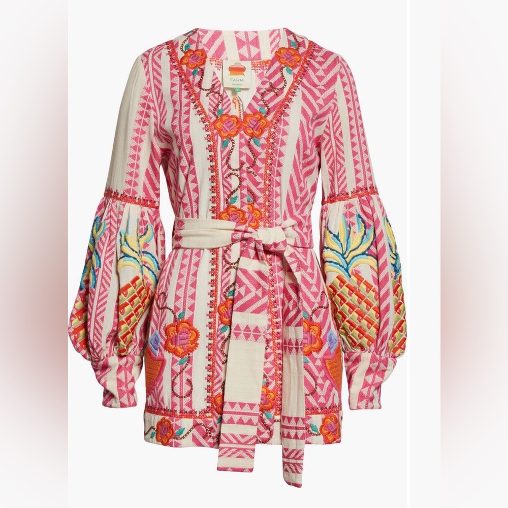 Farm Rio Embroidered jacquard Pink and Cream Belted jacket - Picture 4 of 15